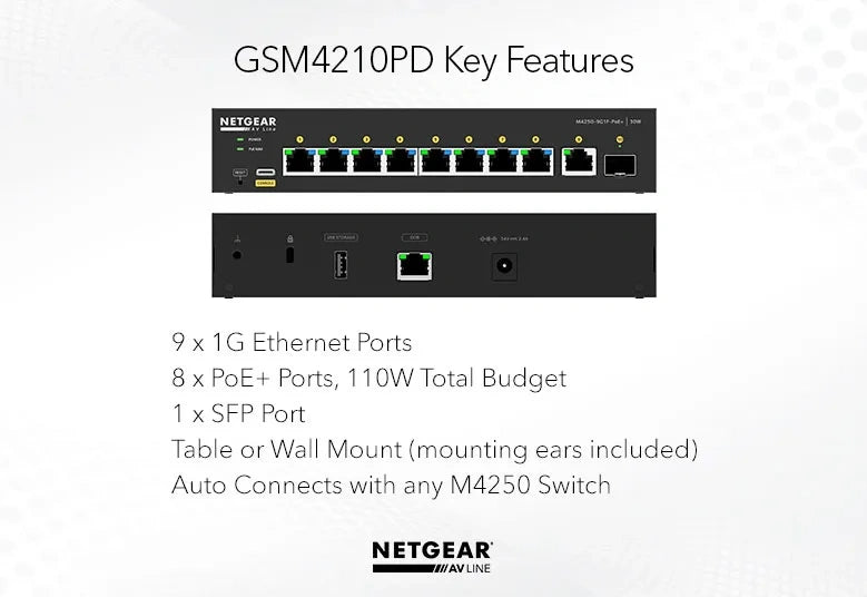 NETGEAR AV Line M4250-9G1F-PoE+ (GSM4210PD) – Brand New | Original Box & Accessories